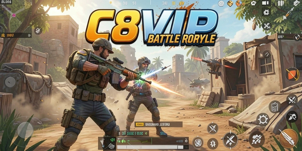 Screenshot gameplay C8VIP menunjukkan aksi pertarungan seru dalam Battle Royale.