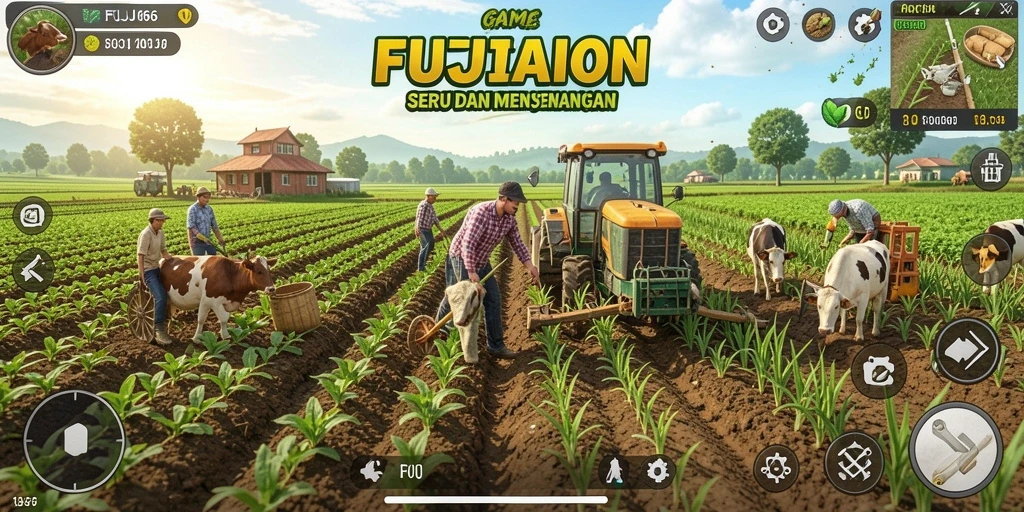 Screenshot gameplay FUJI66 menunjukkan taman yang subur dan hewan ternak.