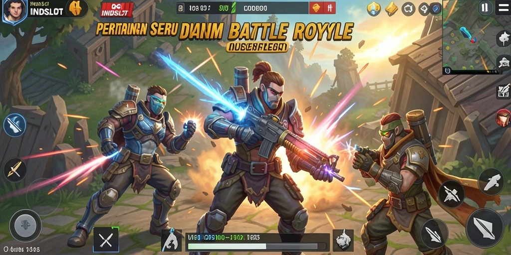 Tampilan pertempuran seru dalam gameplay INDSLOT Battle Royale.