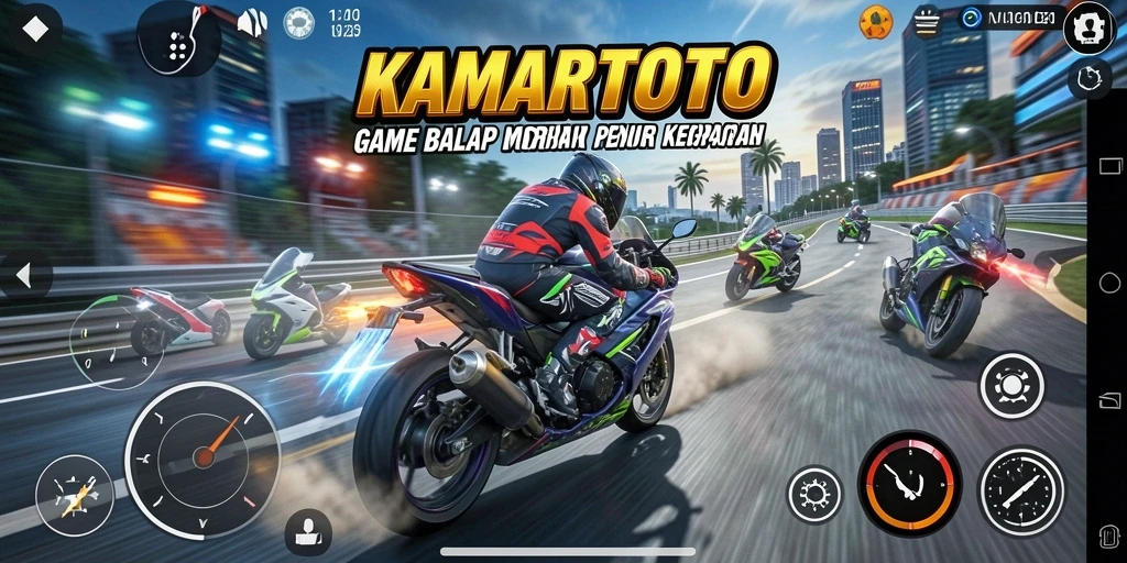 Screenshot KAMARTOTO menampilkan aksi balap motor yang mendebarkan.