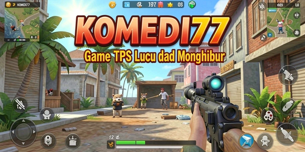 Tangkapan layar menunjukkan aksi seru dan karakter komedi di KOMEDI77.