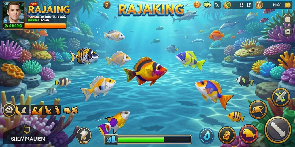 Screenshot gameplay RAJAKING menampilkan aksi seru menembak ikan.