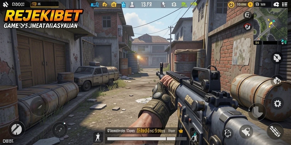 Tampilan utama <strong>REJEKIBET</strong> yang menampilkan aksi gameplay FPS yang seru.
