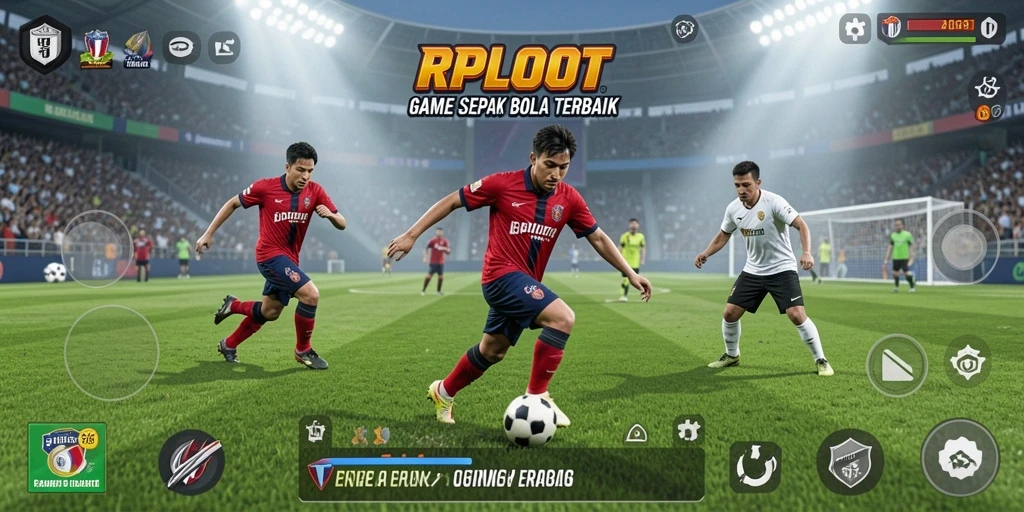 Tangkapan layar gameplay RPLOOT menampilkan aksi seru pertandingan sepak bola.