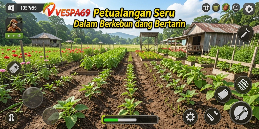 Screenshot gameplay VESPA69 menampilkan kebun yang penuh warna dan aktivitas bertani.